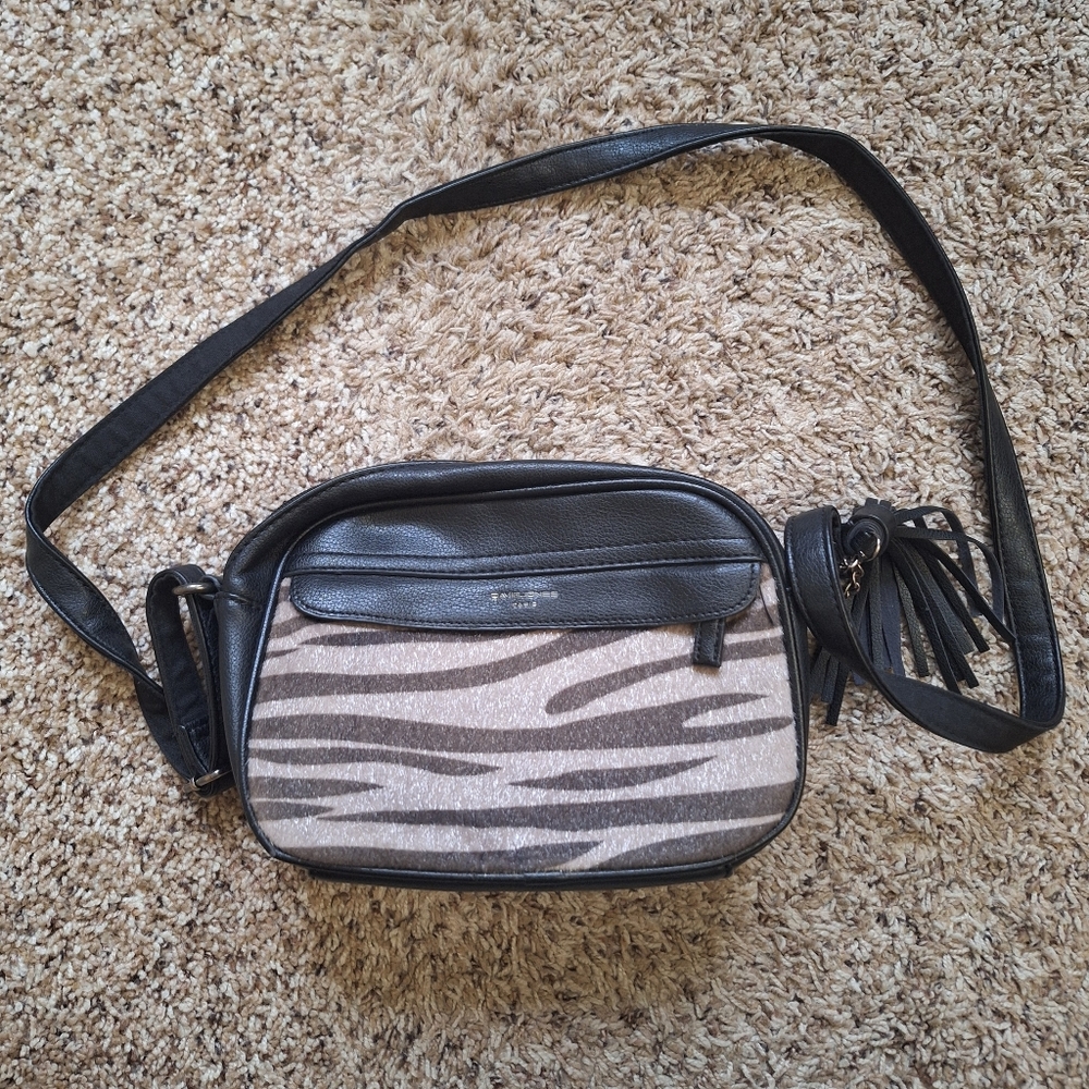 David Jones Paris Zebra Print Faux Leather Tassel Crossbody Bag